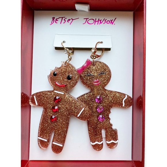 Betsey Johnson Jewelry - Betsey Johnson Gold Tone Gingerbread Man & Woman Mismatch Drop Earrings